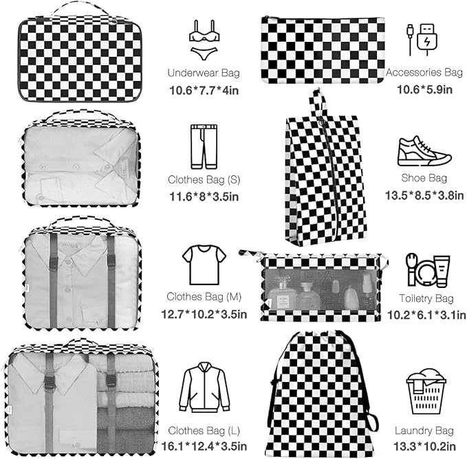 8 Set Packing Cubes for Suitcases,Packing Cube with Shoe, Cosmetics, Clothing, and Accessories Bags Packing Cubes for Travel Luggage Organizer Women Men(Black White Checkered)