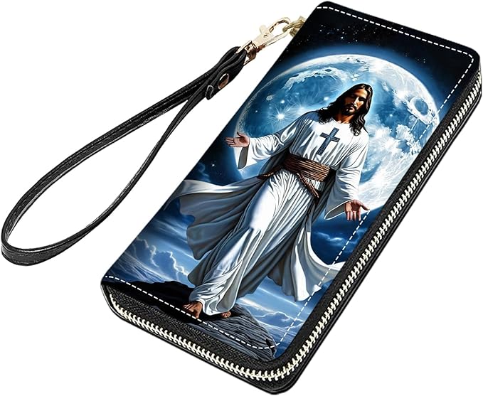 Christian God Jesus Print Women Large Capacity PU Leather Zip Around Wallet, Multifunctional Clutch Purse for Cash/Card/Coin/Smart Phone