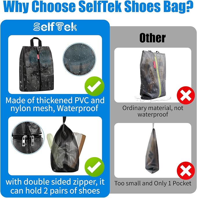 SelfTek Travel Shoe Bags, 3 Pack 3 Size Waterproof Shoe Bags for Travel with Double-Sided Zippers, Portable Shoe Storage Organizer for packing for Men, Women & Kids - Ideal Family Travel Accessories