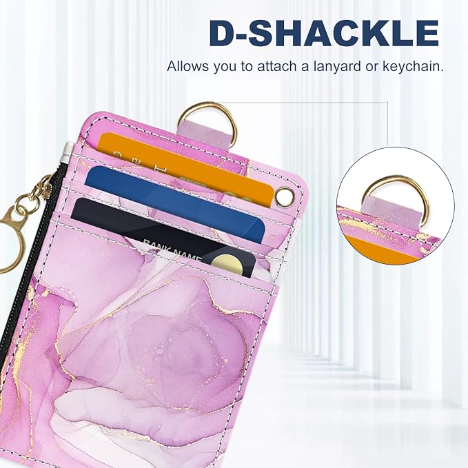 Slim Wallet Credit Card Holder, Pink Marble Pattern, RFID Wallet Women Cute Small Front Pocket Wallet With Zipper, PU Leather Thin travel RFID Blocking Card Case ID Window,Ladies Gifts