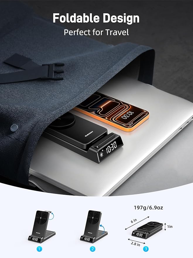 3 in 1 Charging Station for Apple, Magnetic Charger for iPhone, Foldable Wireless Charger with Clock, Travel Watch Charger Stand for iPhone 17/Air/16/15 Series, iWatch 10/AirPods 4 (Black)