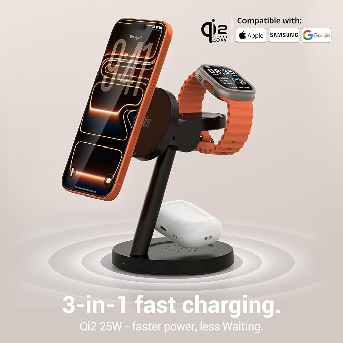 Qi2 25W 3 in 1 Wireless Charging Station for iPhone Samsung | 2-year warranty, MagSafe, strong magnet, 18.5° tilt adjustment, 45W PD adapter, ideal for nightstand office desk travel