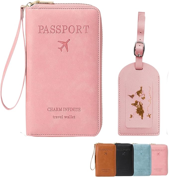 Multi-Functional RFID Passport Wallet Set, Blocking Passport Holder Travel Wallet, Holds Phones, Anti-Theft Protective Case with Multiple Card Pockets for Secure Travel Essentials (Pink)