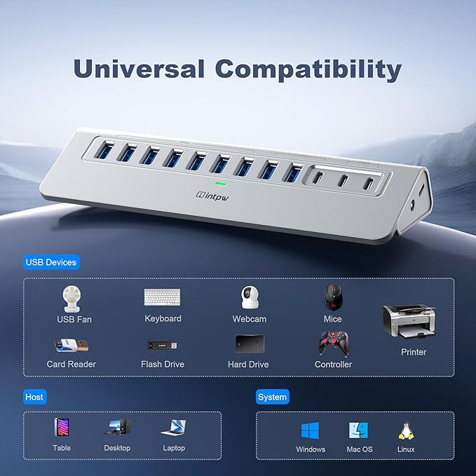 Powered USB Hub 10Gbps, intpw YH9AC 12 Port USB C Hub with 10Gbps USB C 3.2+2 USB A 3.2, 7 USB 3.0, 2 PD 45W Charging Port, 65W Power Adapter + 3.3FT Cable, Aluminum USB Hub for Laptop/iPhone 17/16/PC