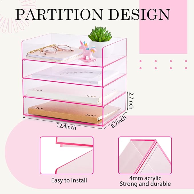 Harloon 4 Tier Paper Organizer Letter Tray Pink Acrylic Desk File Organizer Stackable Documents Letter Clear Paper Holder Sorter Office Tray for A4, Modern Office Classroom Home File Pad Books Notes