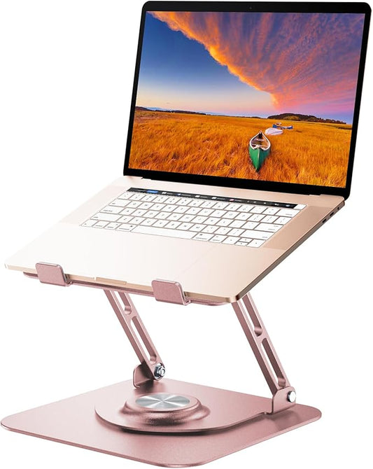 Laptop Stand for Desk, Adjustable Computer Stand with 360° Rotating Base, Ergonomic Laptop Riser for Collaborative Work, Foldable & Portable Laptop Stand, fits for All 10-16" Laptops (Rose Gold)
