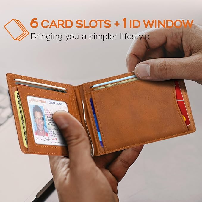 RUNBOX Slim Wallet for Men Genuine Leather RFID Blocking Bifold Minimalist Front Pocket Mens Wallet with Money Clip Thin Gift Box