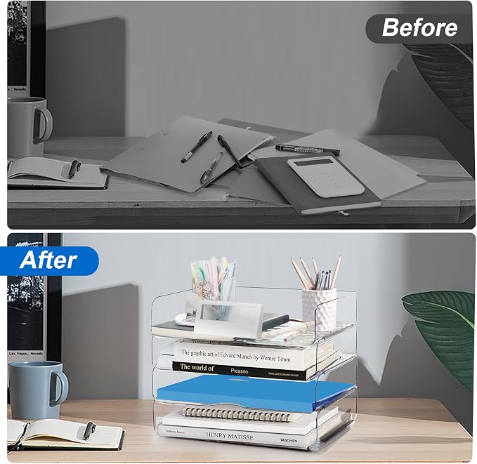 Desk Organizer and Storage,4-Tier Paper Letter Tray Organizers,Stackable Clear Desktop Organizer for Documents,Book Magazine Storage,Office Supplies, (Clear,4 Pack)