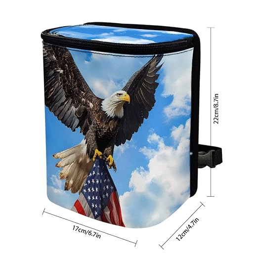 Biyejit Eagle American Flag Car Trash Can with Lid and Storage Pockets, Vehicle Trash Bag Waterproof Car Dustbin Garbage Bin Organizer, Leak-Proof Hanging Cars Storage Bag Container for SUV Auto