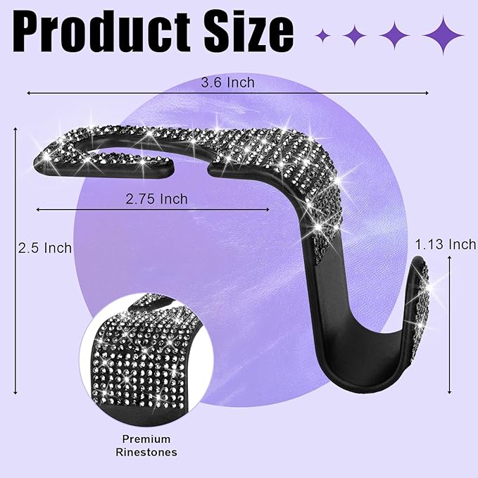 BFXM 6 Pack Bling Car Seat Headrest Hooks, Rhinestone Purse Hook for Car, Universal Storage Organizer for Handbag Grocery Bags Coats, Bling Car Accessories for Women (Bling Black)