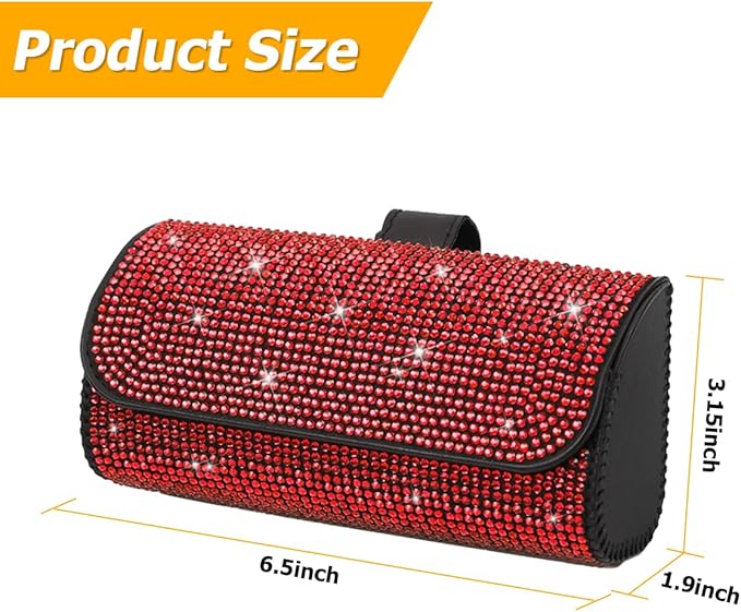 Osilly Bling Car Sunglass Holder for Sun Visor, Sparkling Crystal Leather Automotive Eyeglasses Mount Clip Organizer with Hidden Magnetic Closure for Men Women, Universal for SUV Truck Van（Red）