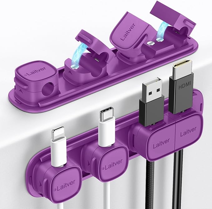 6 Pack Magnetic Cable Clips [1s Open/Lock], Laitver Cord Organizer Holder Strong Adhesive Desk Cable Management- Organize Charging Cords Neatly for Home, Office, Car,Desk, Nightstand-Deep Purple