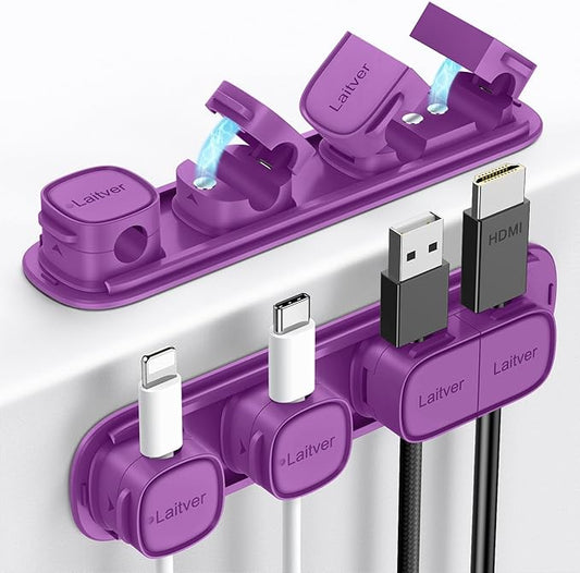 6 Pack Magnetic Cable Clips [1s Open/Lock], Laitver Cord Organizer Holder Strong Adhesive Desk Cable Management- Organize Charging Cords Neatly for Home, Office, Car,Desk, Nightstand-Deep Purple