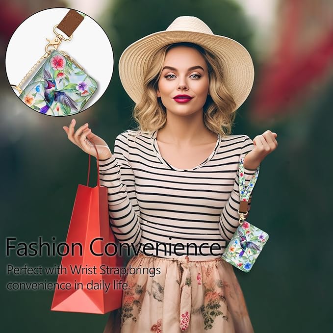 Blusabaca Credit Card Holder for Women, Bird Small RFID Blocking Wallet with Wristlet Strap, Keychain Wristlet Zipper Women Wallet, Leather Card Case, Accordion Card Wallet Purse with Key Lanyard