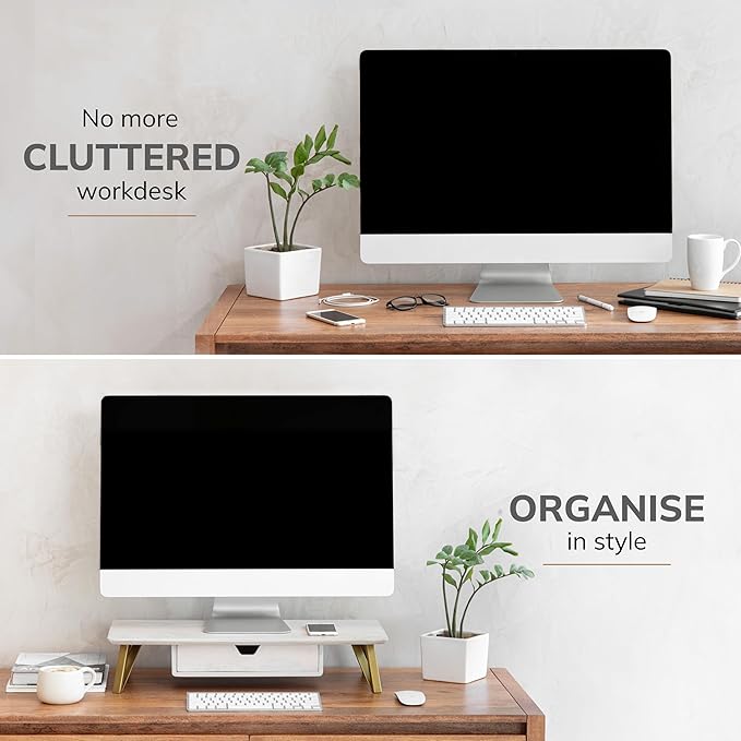 Anji Mountain Monitor Stand - Desktop Organizer & Laptop Riser, Ergonomic Monitor Riser, Space-Saving Monitor Stand for Desk, Durable Construction, Easy Assembly, Ideal for Home & Office,White Wash