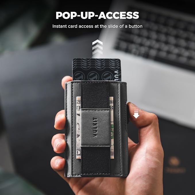 VULKIT Mens Minimalist Wallet for Max. 8 Cards with Pop-Up Credit Card Ejector RFID Blocking, ID Window and Elastic Strap for Bills or Keyring, Gift Box Packed, Grey