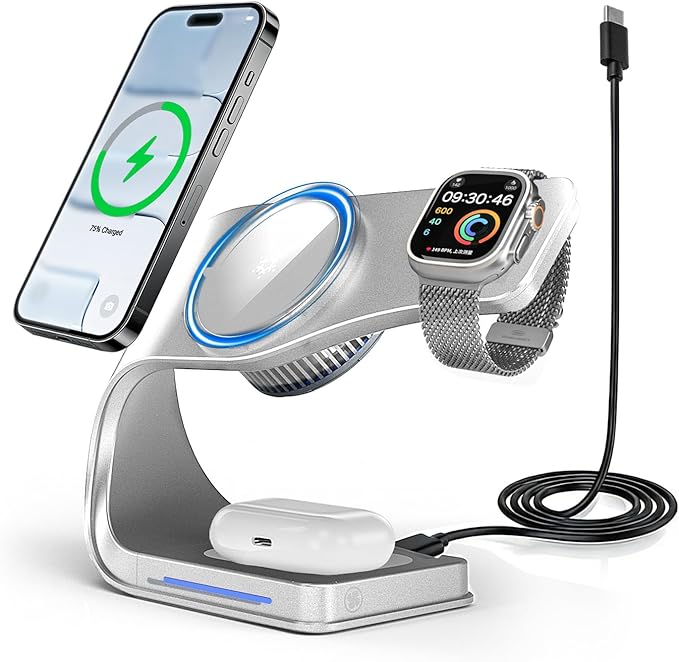 3 in 1 Wireless 15W Fast Charging Station for Apple Devices Dock for iPhone 15/14/13/12 Apple Watch Series 11/10/9/8/SE AirPods Pro 3/2 Bedside Charging Stand with Nightstand Organizer (Silvery)