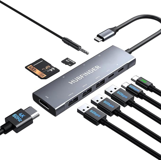 USB C Hub, HUBFINDER 9 in 1 USBC to HDMI with 4K, 100W Power Delivery, 3 USB3.0 and USB-C 5 Gbps Data Ports, SD/TF Card Reader, 3.5mm Headphone Jack, for MacBook Air, MacBook Pro,iPad Pro