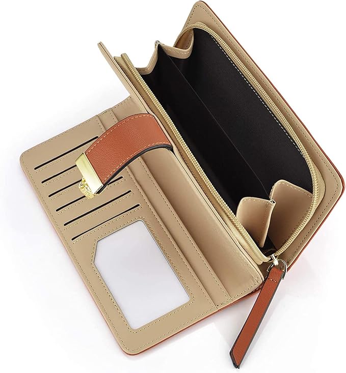 PGXT Women's Wallet Women Credit Card Holder Hollow Leaf Pattern Bifold Leather Lady Long Wallet Purse Zip Birthday Xmas Gifts for Women Girls(Brown)