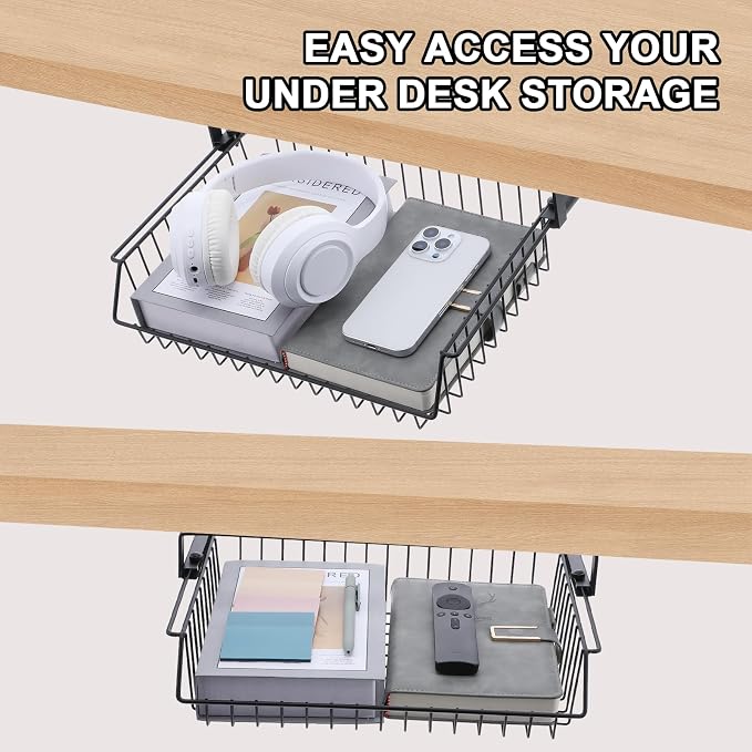 Under Desk Drawer, Slide Out Design,No Drill Metal Under Desk Cable Management, Storage Shelf Tray Basket Under Table Drawer Organizer for Office, Home, Workspace, Cabinet