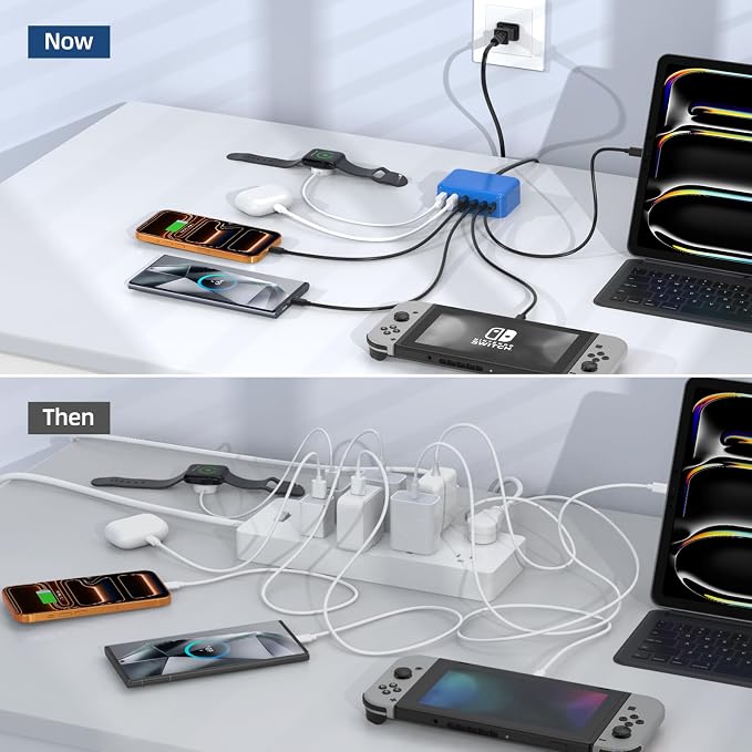 6 in 1 USB Charger, 50% Smaller Charging Station for Multiple Devices, 100W Fast Charging Blocks with Type C Ports, USB Charging Hub Organizer Multiport Power Strip for iPhone, Ipad, Kindle, Travel