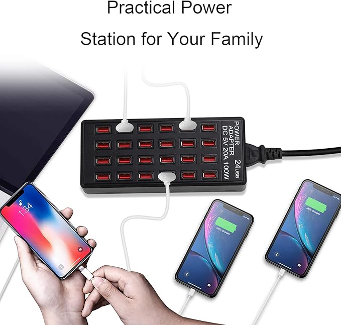 24-Port 100 watt (20 A) USB Charging Station, Home Desktop Fast Charger, Multiple Chargers, Suitable for Hotels, Shops, Schools, Shopping malls and Travel