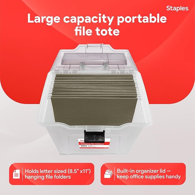 STAPLES File Box - Portable Letter-Size Storage Tote with Lid, Handle, Organizer Tray, Clear Plastic Filing Bin