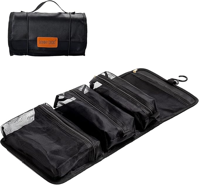 Toiletry Bag Can Hanging Small Roll-Up Makeup Organizer Bag with 3 Detachable Transparent Mesh Folding Cosmetic Travel Bags for Women & Men Black Toiletries Organizer Bag Gym Camping Grooming, Black