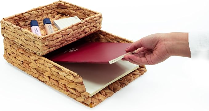 HAMOTOPI Desk Organizer Letter Tray Set of 2, Woven Water Hyacinth Tabletop Desktop for Storage Paper Letter Folders Notebooks Copy Print, Workspace Holder, Keep Stationery Saver