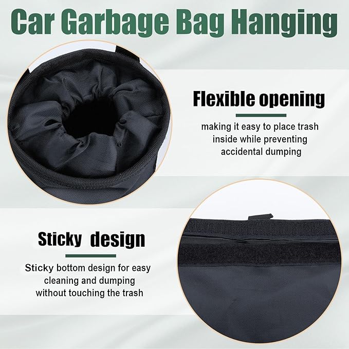 ecocstm 2 PCS Car Trash Bags, Car Accessories Washable Garbage Bag Hanging, Detachable Trash Can with Top Elastic Vent & Sticky Strap Bottom Opening, Seat Back Tash Bag for Cars,Travelling,Outdoor