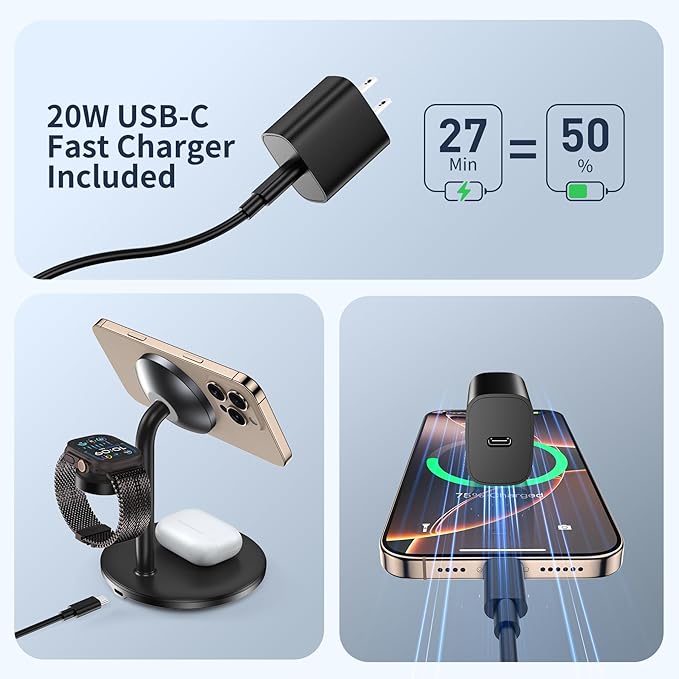 3 in 1 Wireless Charging Station for Apple Devices with MagSafe Charger, Wireless Charger Station for iPhone 17/16/15/14/13/12 Pro Max Air Plus Mini,Wireless Charging for iWatch&AirPods(20W Adapter)