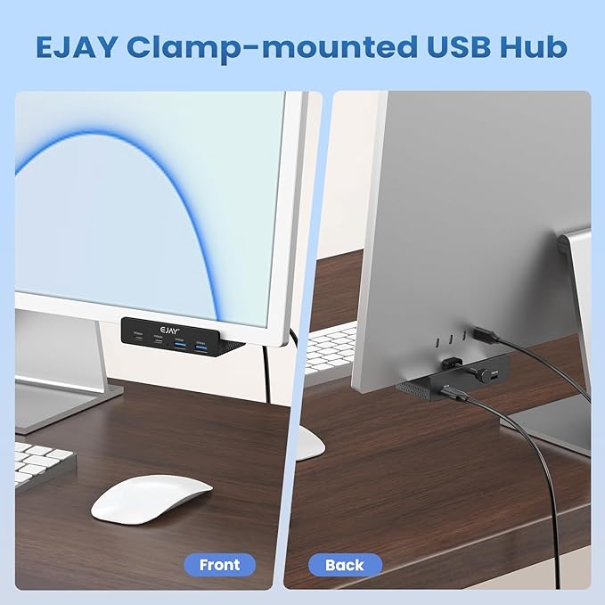 EJAY 4Ports 10Gbps USB-C HUB USB3.2 Clamp USB HUB Splitter,Mountable USB-C Adapter with Data & Power Cable for iMac 2021 and later-10Gbps (Black)