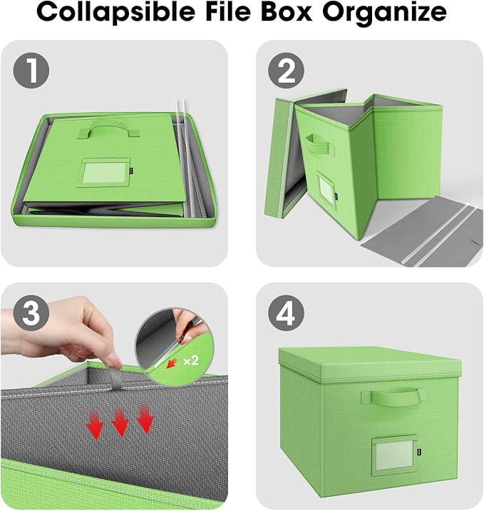 File Organizer Box with Lid, Linen Hanging File Storage Box with Handle, Collapsible Document Filling Box for Letter/Legal Folder, Portable File Box for Office/Decor/Home (1 Pack, Green)
