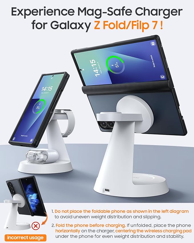 Magnetic Wireless Charger for Samsung, 3 in 1 Charging Station Compatible with MagSafe Charger for Samsung Galaxy S26 Ultra Z Fold7/Flip7, Watch Charger Stand for Galaxy Watch Ultra 8, for buds, White