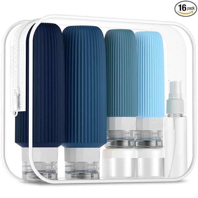 Mrsdry 16 Pack Travel Bottles for Toiletries, Large 6oz Silicone Travel Containers jar for Toiletries, Leak Proof Refillable Liquid Shampoo And Conditioner Travel Essentials toiletry Bottles