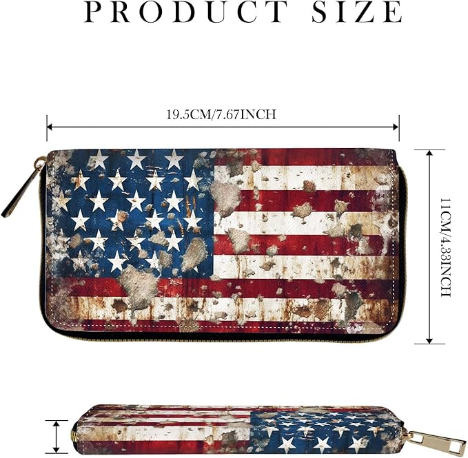 RFID-Blocking Zip Around Wallets for Women with Detachable Wrist Strap,Large Capacity Phone Holder with Card Organizer & Coin Pocket,Rustic American Flag