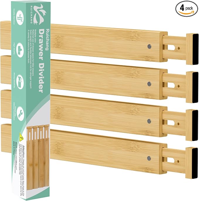 Bamboo Kitchen Drawer Divider 4 Pack,17-22" Adjustable Dresser Drawer Organizer for Bathroom,Bedroom,Natural,2.4 inch High