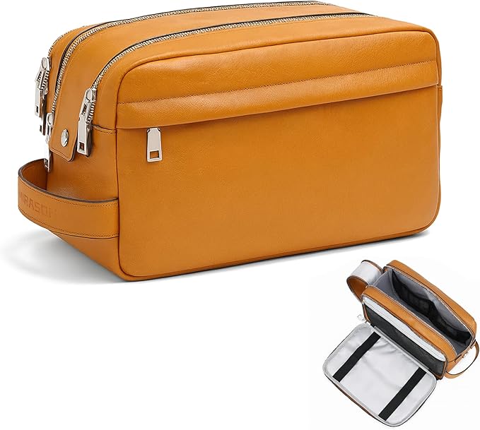 MIRASON Travel Toiletry Bag for Men Thickened Leather Travel Bag for Toiletries, Dopp Kit Water-resistant Shower Bag for Shaving Gym Bathroom Organizer Gifts for Men, Brown