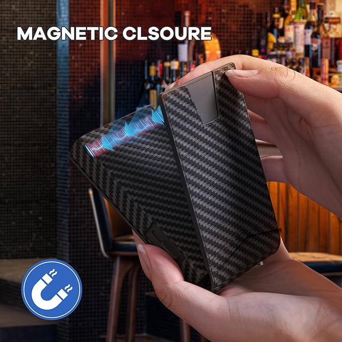 Wallet for Men, Gift Boxed Slim Minimalist Wallet for Men with Money Clip and Genuine Leather Slots RFID Blocking Pop Up Metal Aluminum Smart Wallet Card Case (Carbon Fibre Black)