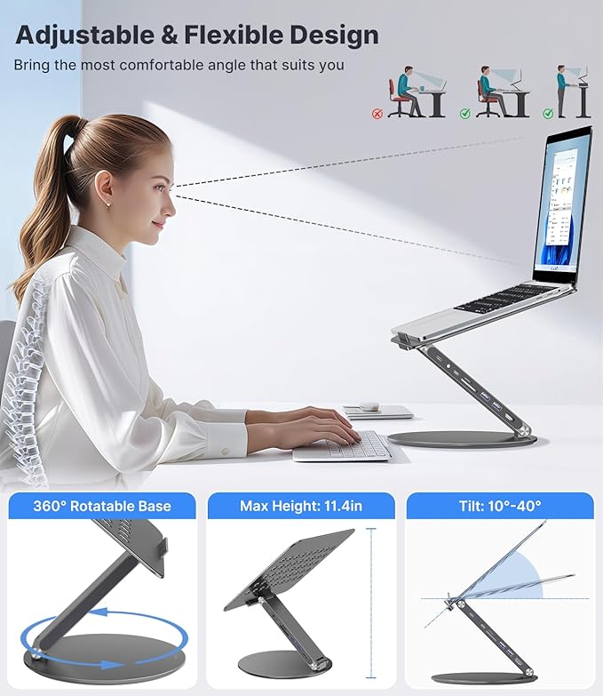 KU XIU Adjustable Laptop Stand with 8 in 1 USB C Hub, Foldable Portable Computer Notebook Stand with 360° Rotating Base, Riser Holder Mount for All 10-17" Laptops (Gray)