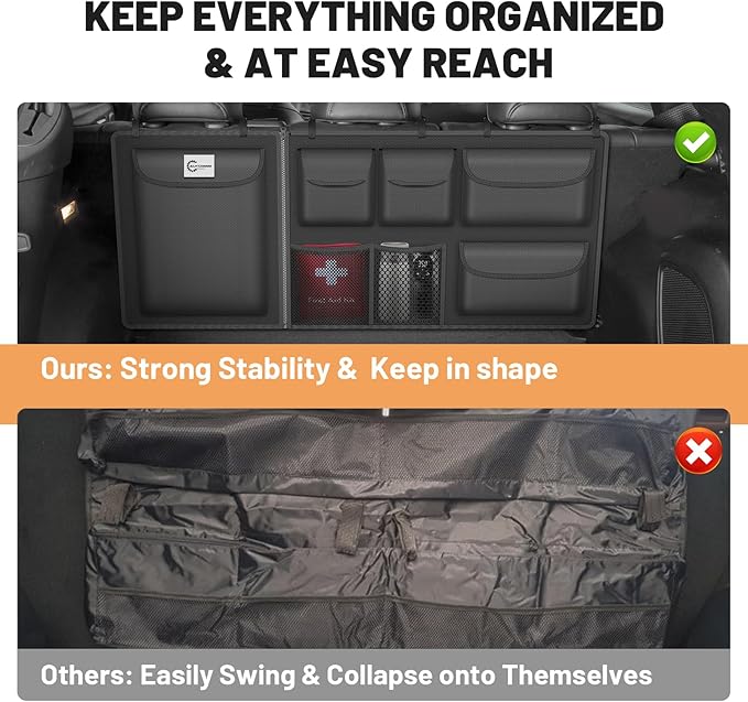 Detachable Hanging Trunk Organizer, Foldable Car Trunk Organizer Hanging for SUVs, Jeeps, Hatchbacks, Car Trunks Organiser with 7 Large Compartments