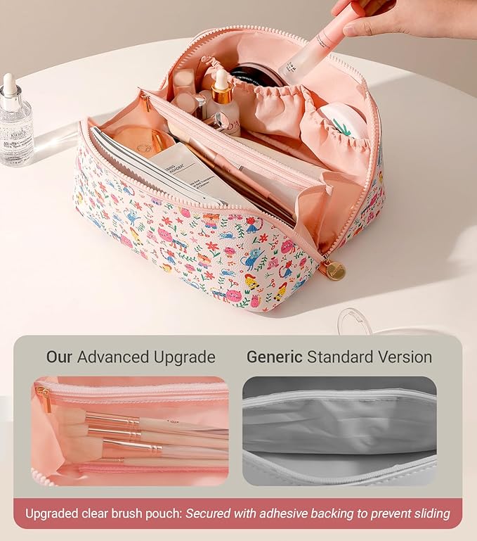 Aveniee Travel Makeup Bag for Women, Large Cosmetic Organizer with Open-Flat Design, Clear Divider & Handle - Waterproof PU Leather Toiletry Case, Cat Pattern
