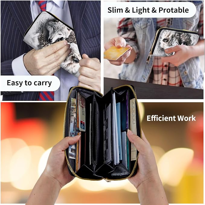 Wallet,Leather Long Wallet Suitable For Ladies And Teenagers - Detachable Wristband + RFID Travel Wallet With Card Slot - Wolves Family