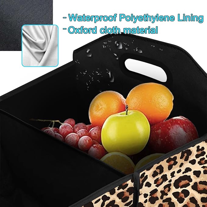 Classic Leopard SUV Car Trunk Organizer Accessories 50L Collapsible Car Storage Bag 3 Compartment Caddy Waterproof Foldable