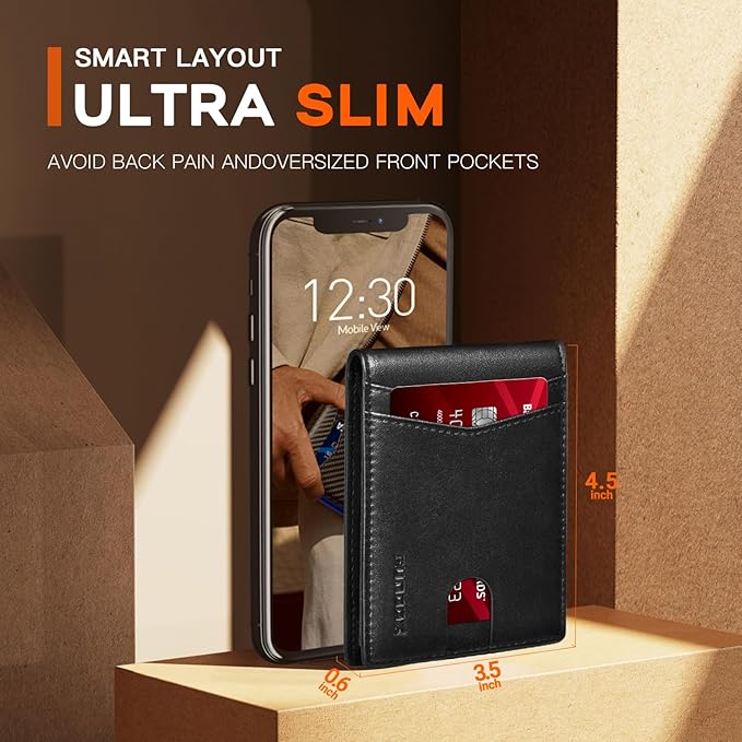 RUNBOX Wallet for Men Slim Leather Bifold RFID Blocking Minimalist Front Pocket Design with Gift Box