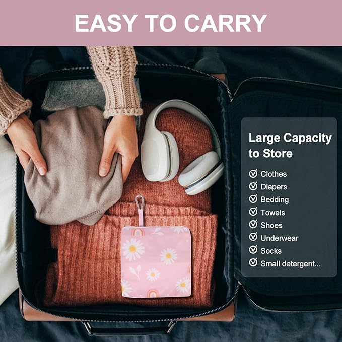 2 Pack Travel Laundry Bag with Handle and Drawstring, Expandable Foldable Dirty Clothes Bags with Hook and Zipper, 23*20 inch, Cartoon 1 White + Pink