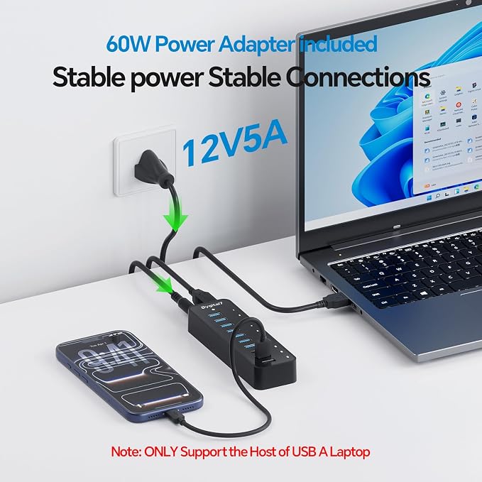 60W Powered USB 3.0 Hub 10-Port, 7 USB 3.0 Data Ports (5Gbps) + 3 Smart Charging Ports (BC1.2 2.4A), 60W Power Adapter Desktop USB Splitter for Laptop, PC, Mac, Mobile, HDD
