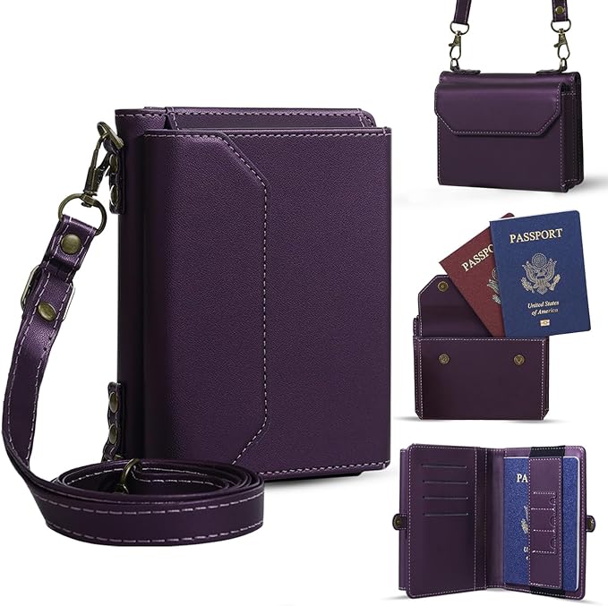 ASAPDOS RFID Blocking Family Passport Holder Wallet,Hold 3-4 Passports for Travel with Credit Card Slots & Wrist Crossbody Strap Purple