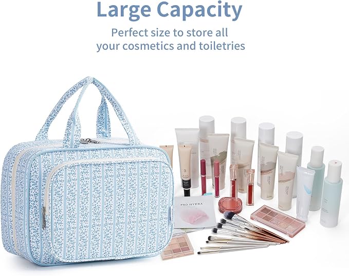 Narwey Travel Toiletry Bag for Women Large Hanging Makeup Bag Organizer Toiletries Bag for Full Size Essentials Accessories Cosmetics (Blue Flower Buds (Large))