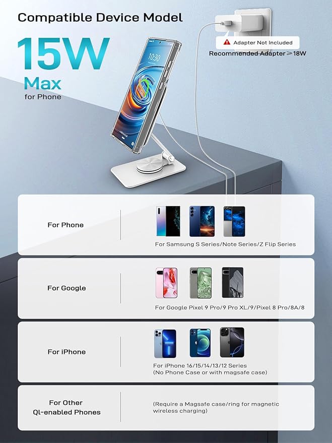 Compatible with MagSafe Charger, 15W MagSafe Charger Stand, 360°Rotation Base Adjustable Foldable Wireless Charger for Samsung Galaxy S25 Ultra/Z Fold7/Flip7/iPhone 17/Pixel 10 Pro/Pixel 10 Pro Fold